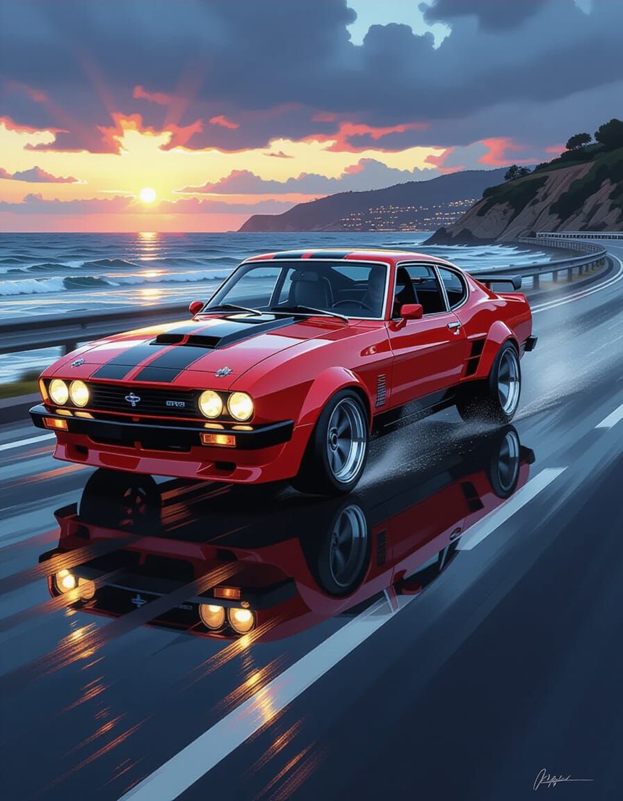 Signal Red 1974 Ford Capri RS3100 on Coastal Road