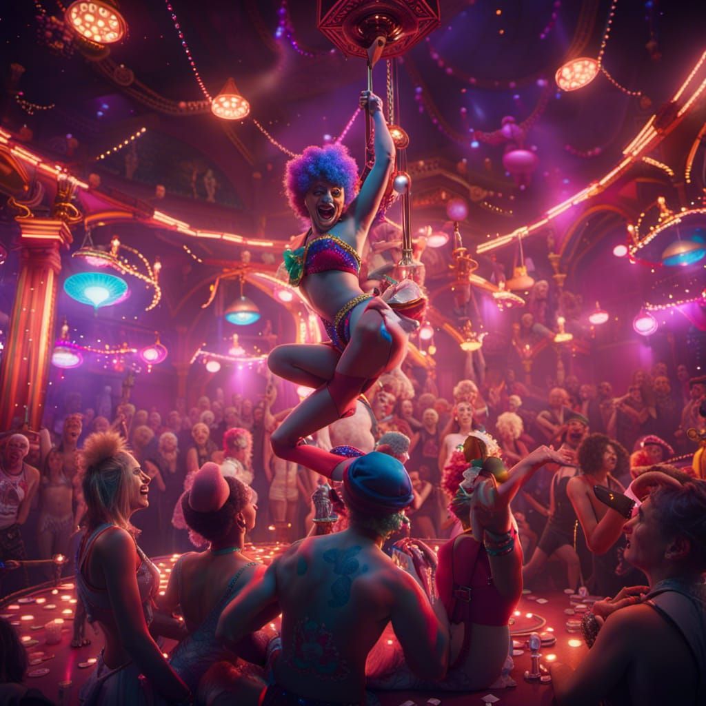 Clown Dancers in Fantastical Club Scene