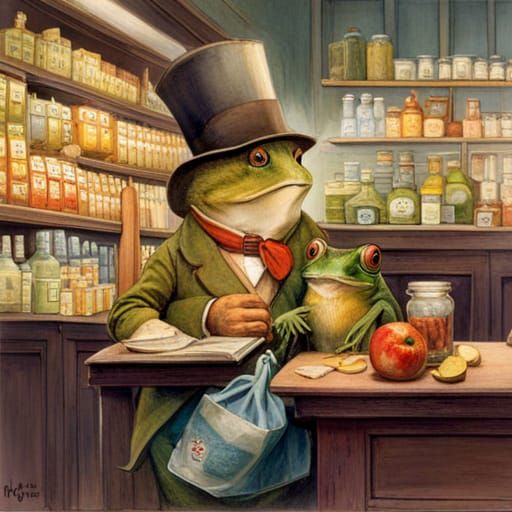 Frog Supermarket Worker in Children's Book Illustration Styl...