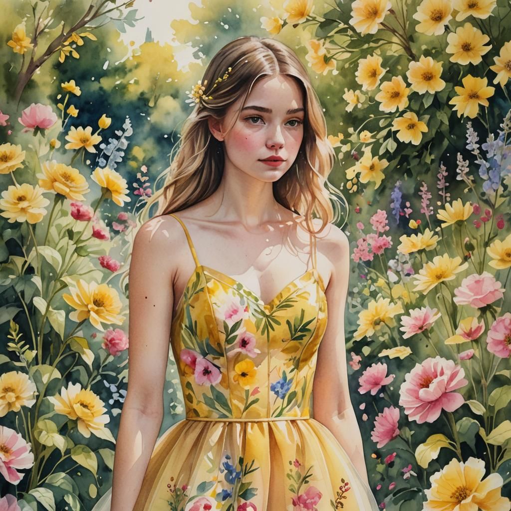 Watercolor Painting of Woman in Floral Dress