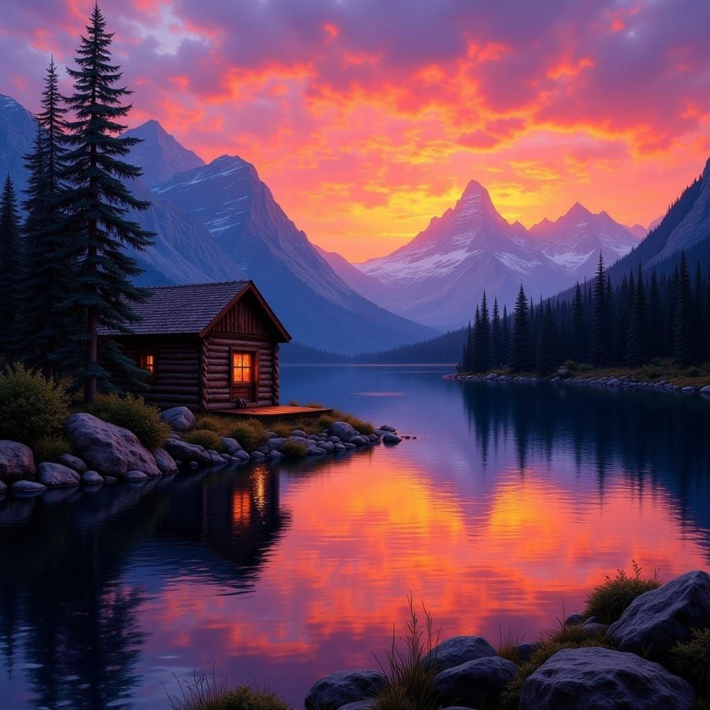 Tranquil Sunset Lake Reflection Oil Painting