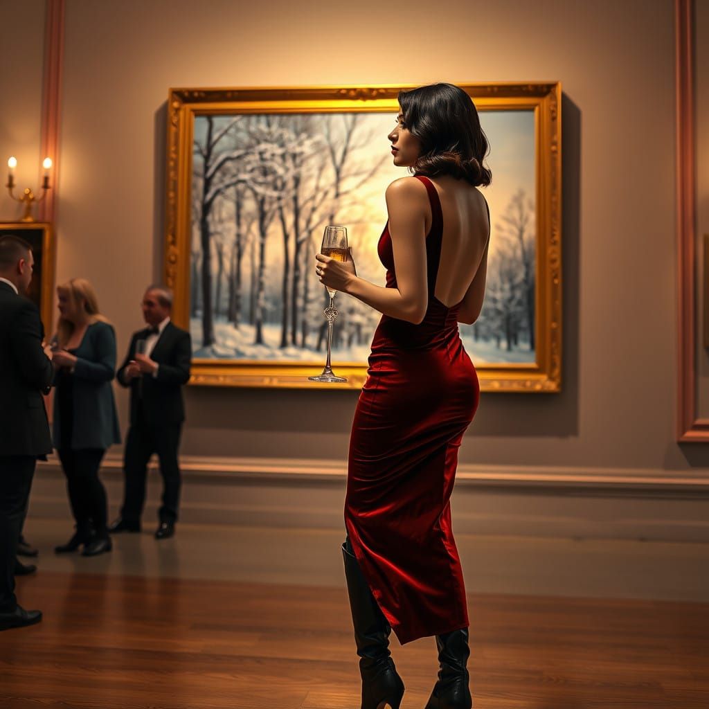 Elegant Woman Contemplating Art in a Winter Gallery