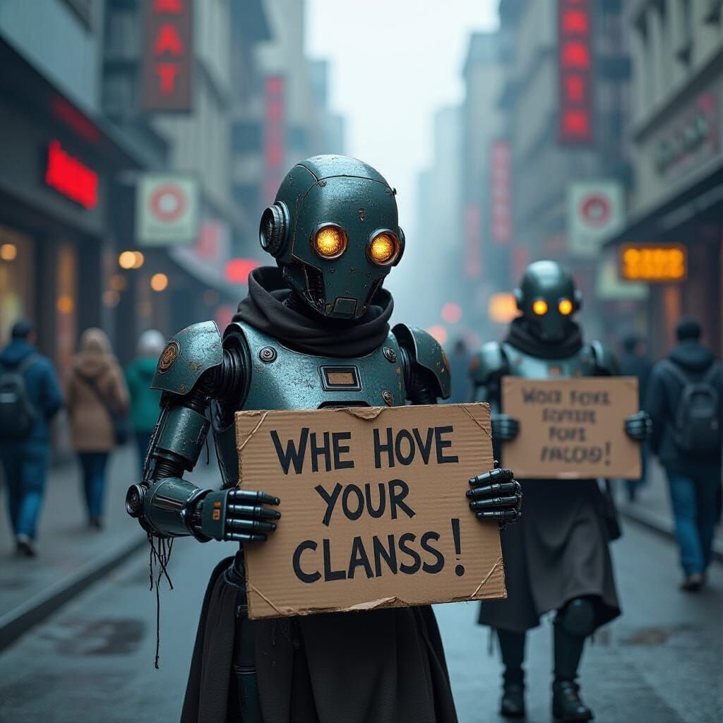 Dystopian Beggar Robots in Gritty Cityscape
