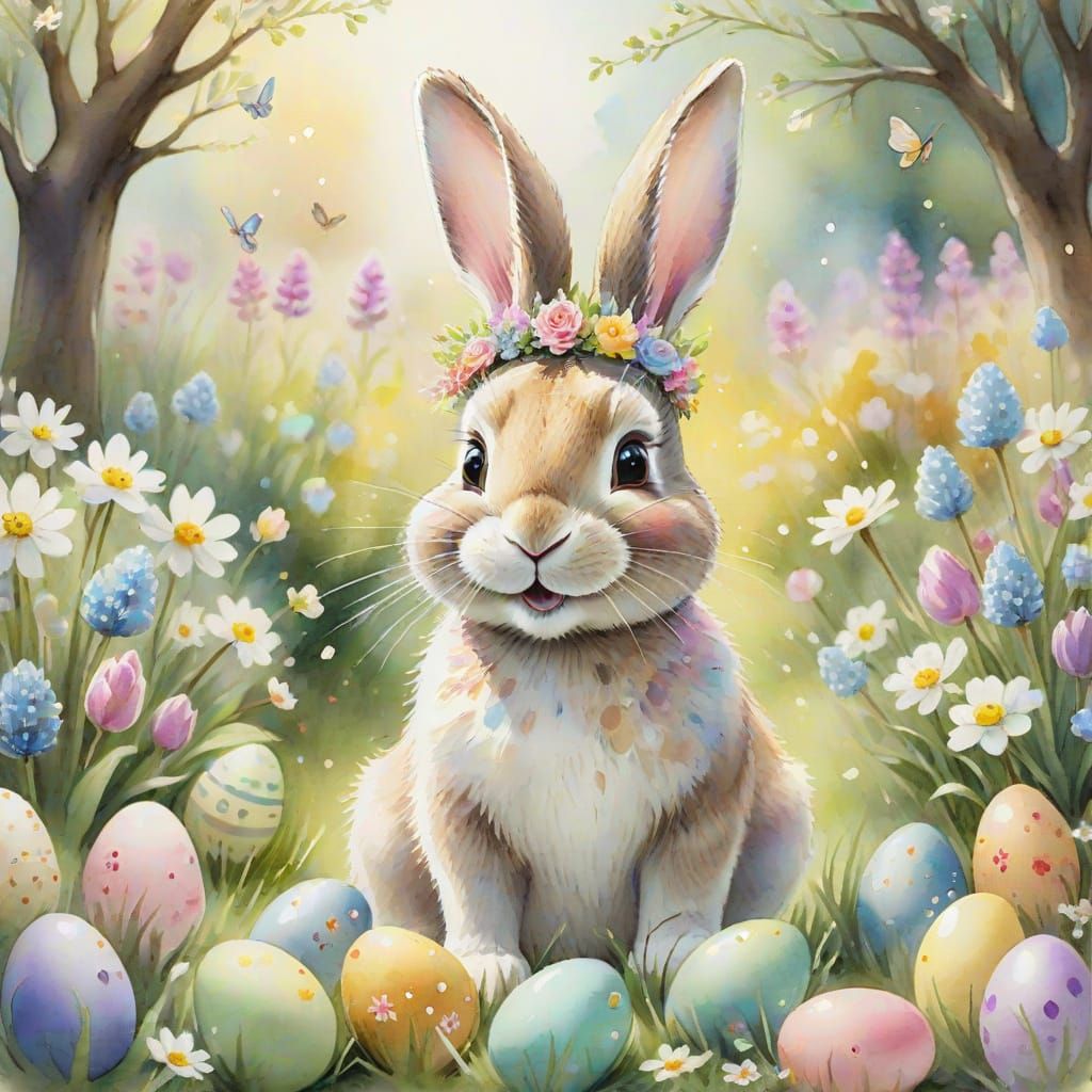 Whimsical Easter Bunny in a Floral Crown