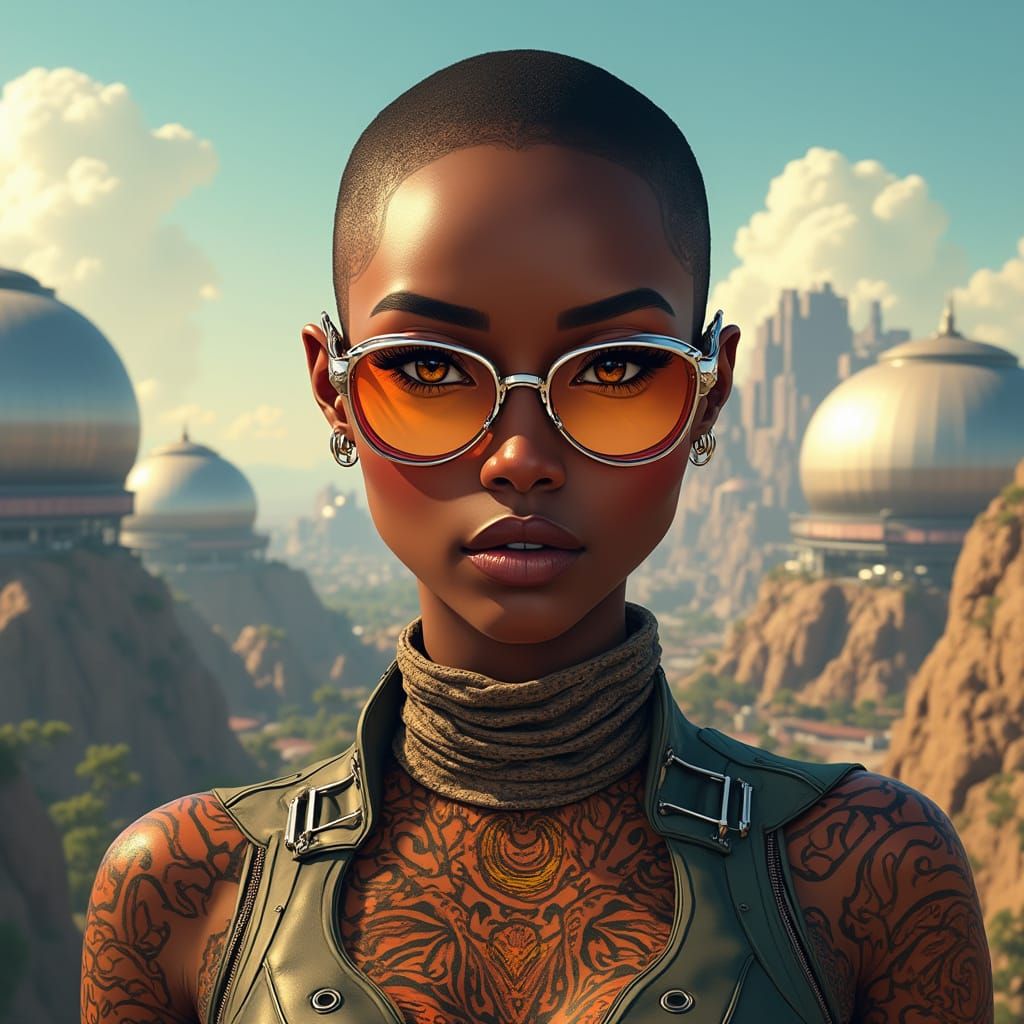 Sleek, Strong Pecan-Skinned Woman in Futuristic Utopia