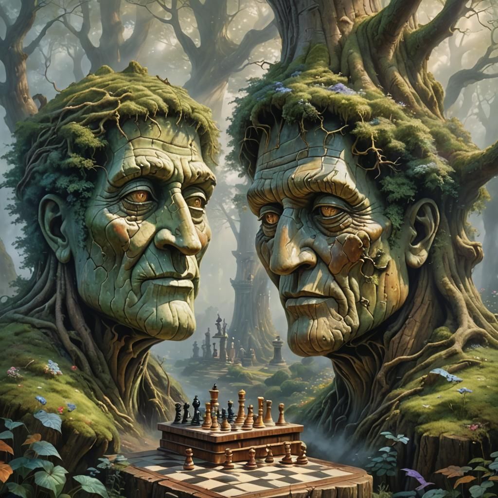Tree Trunks Face Plays Chess in Ethereal Mist