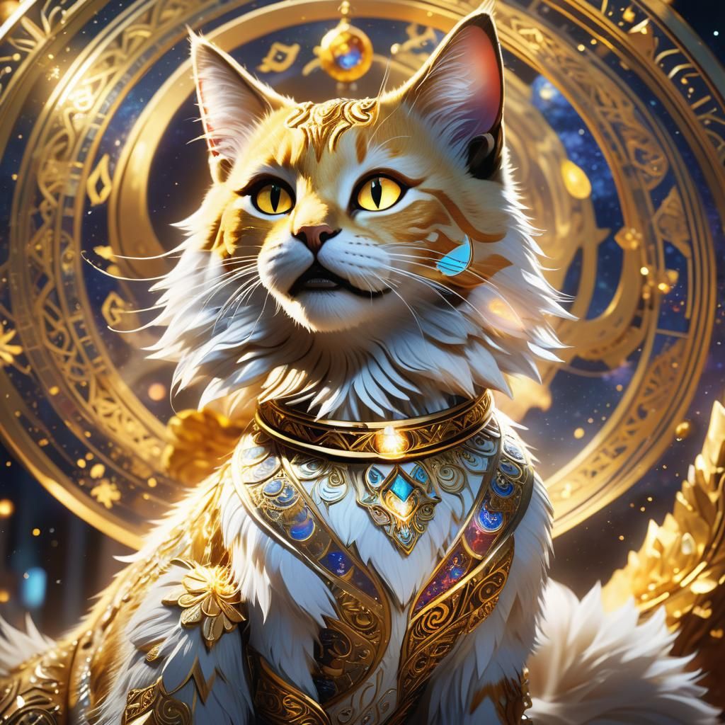Golden Cat in Ornate Celestial Fantasy, 3D Render