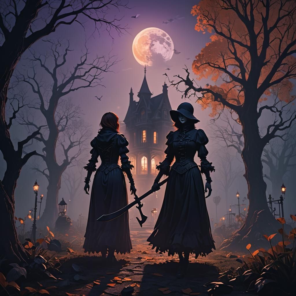 Headless Woman with Axe in Haunted Gothic Garden