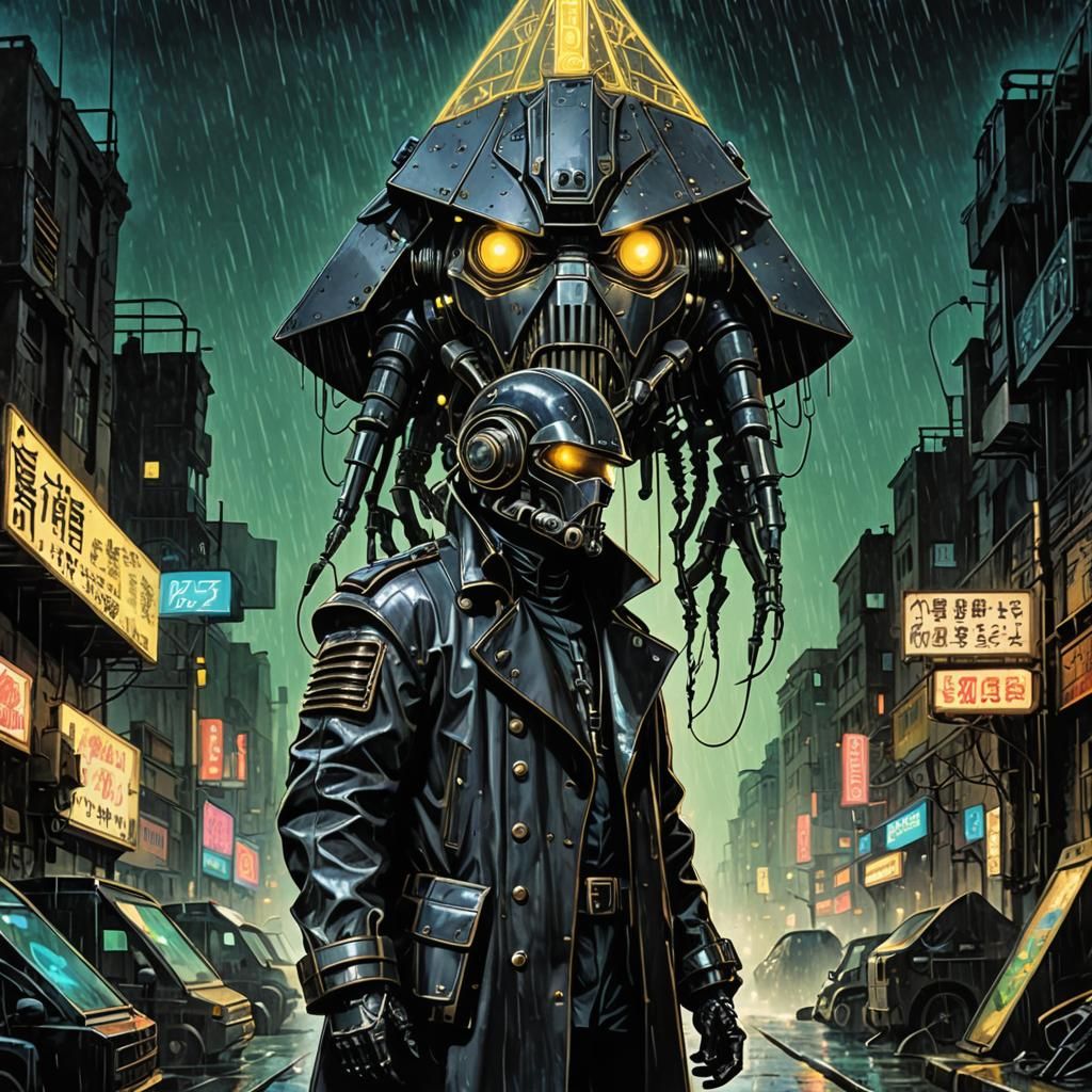 Biopunk Cyborg Detective on Neon Cliff