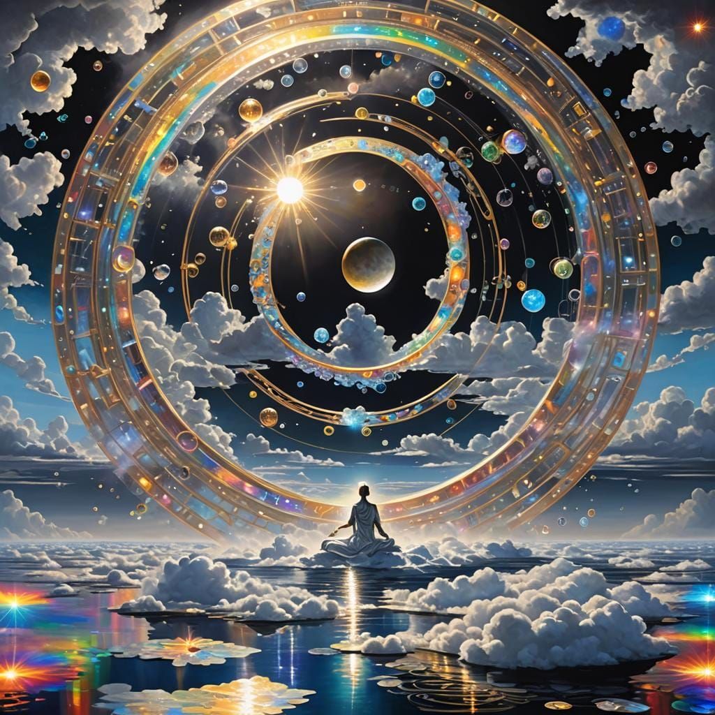 Radiant Figure Lounging on Cloud with Energy Beams