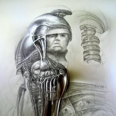 Hyperrealistic Roman Soldier in Giger-esque Pencil Sketch