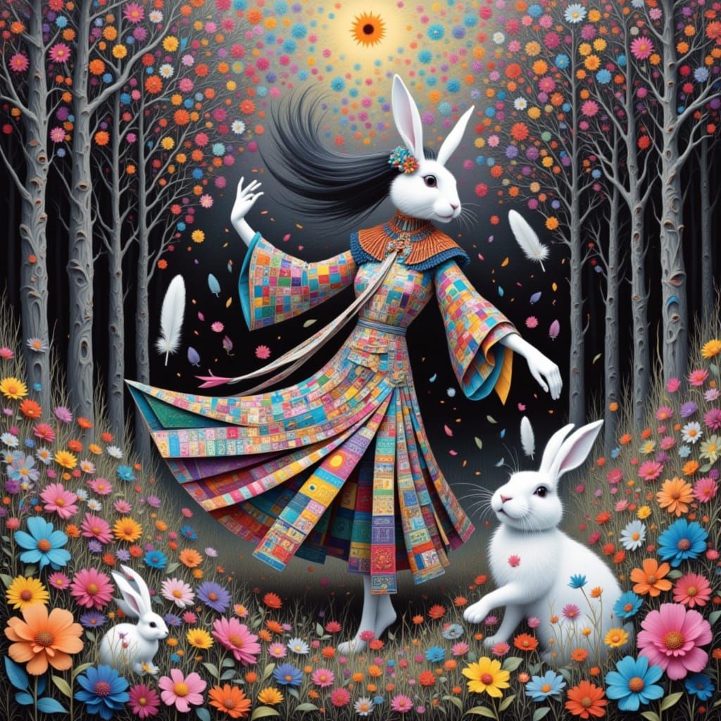 Spirit Woman Dances in Million Flower Dreamscape with Rabbit...