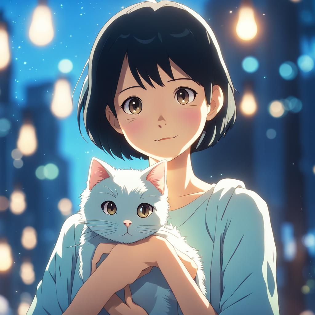Anime Girl with Cat in Ghibli Style