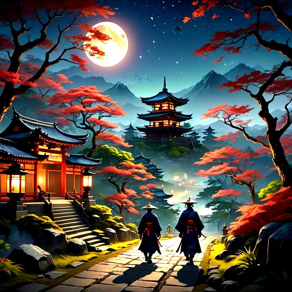 Samurai Ascends to Temple Under Crescent Moon