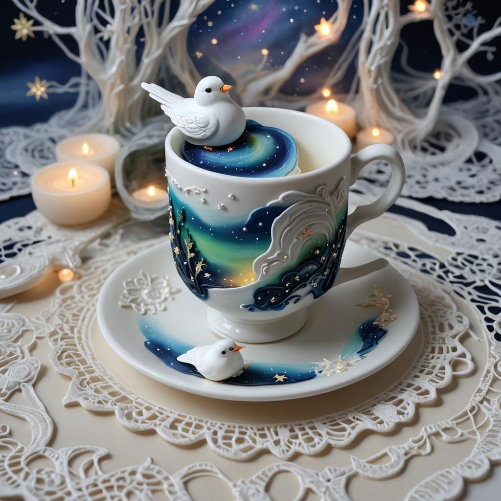 Whimsical Bird and Aurora Teacup in Clay