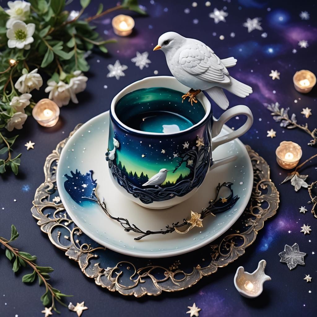 Aurora Bird and Teacup in Polymer Clay