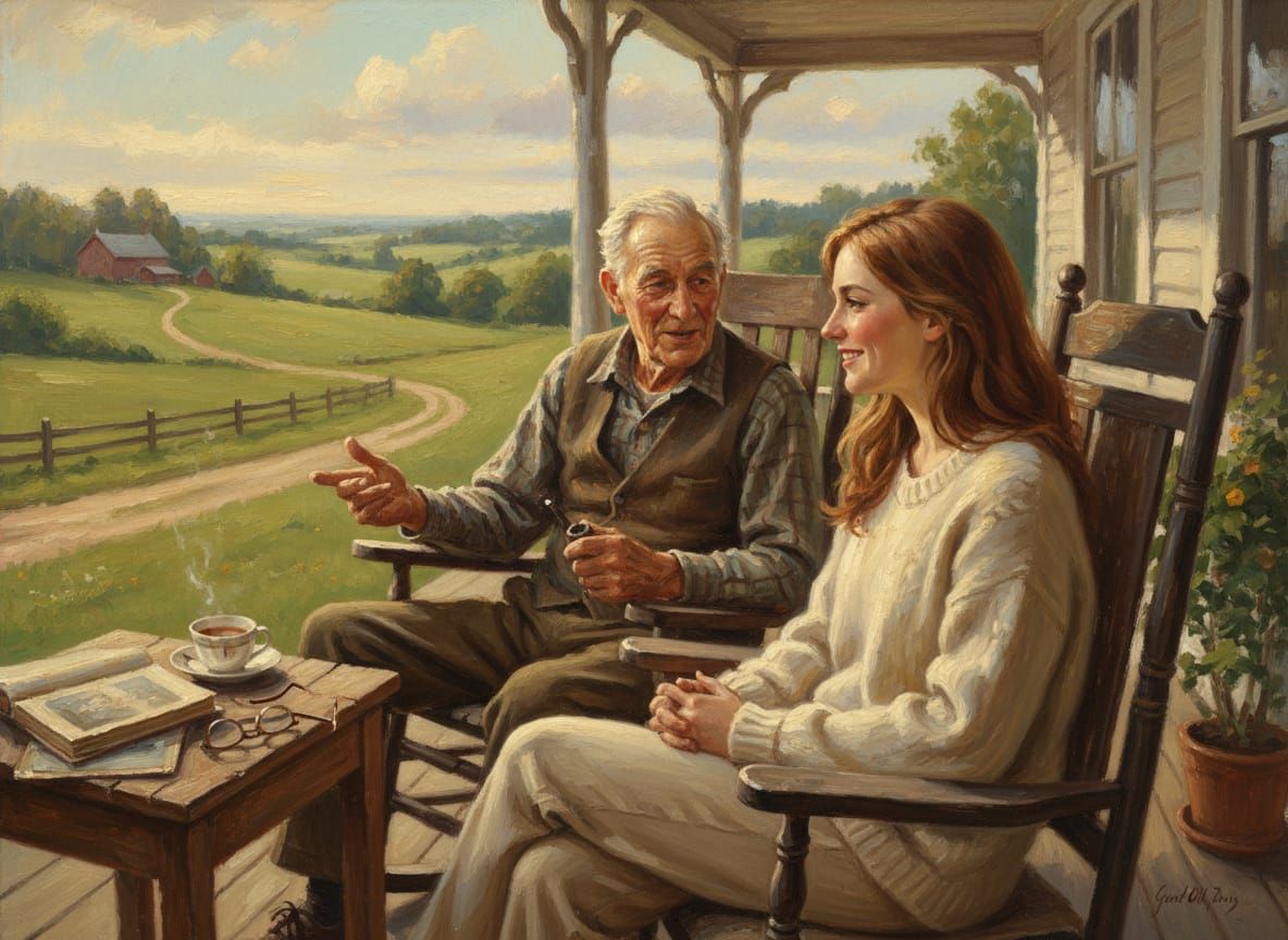 Loving Grandpa Tells Stories on Porch, Oil Painting