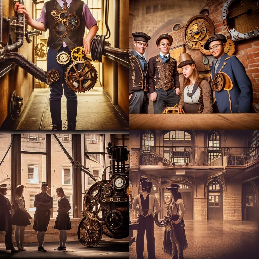 Steampunk College Scene with Eager Students
