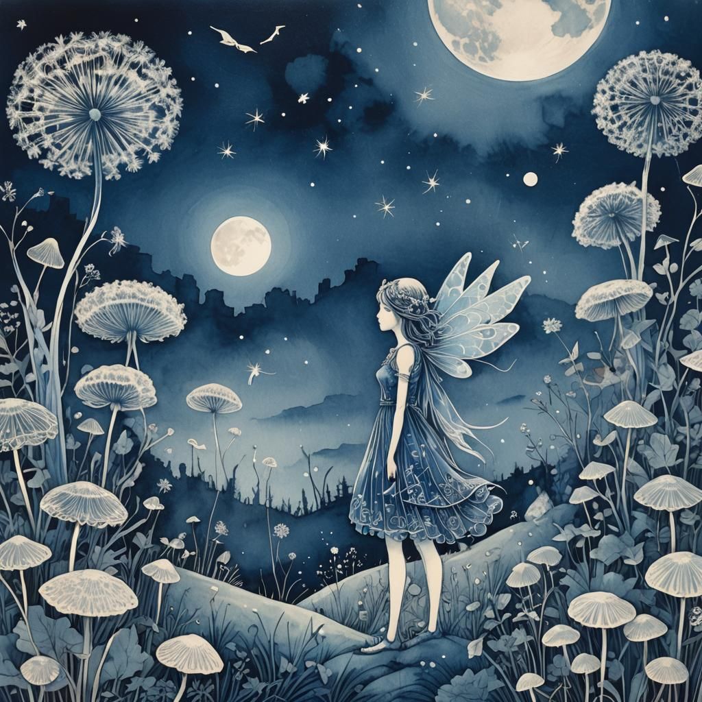 Fairy in Whimsical Landscape: Cyanotype Zentangle Art