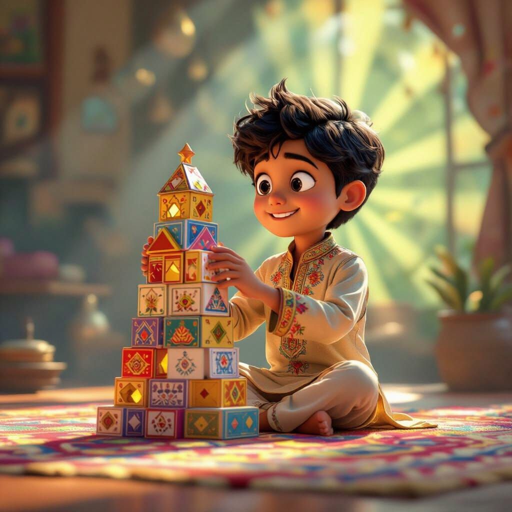 Boy Building Card Tower as 3D Digital Art