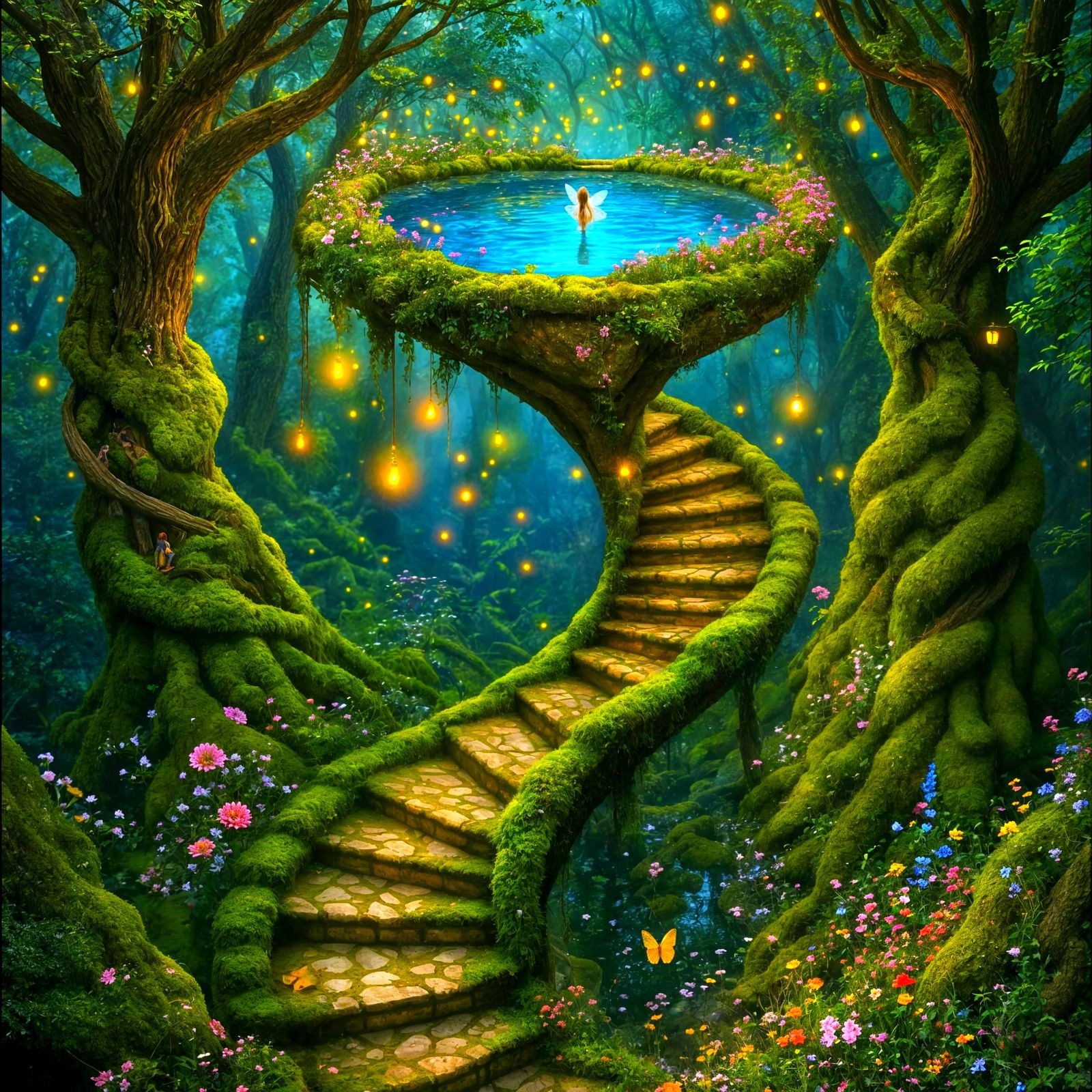 Enchanted Fairy Forest: Spiraling Stairs to Floating Pond