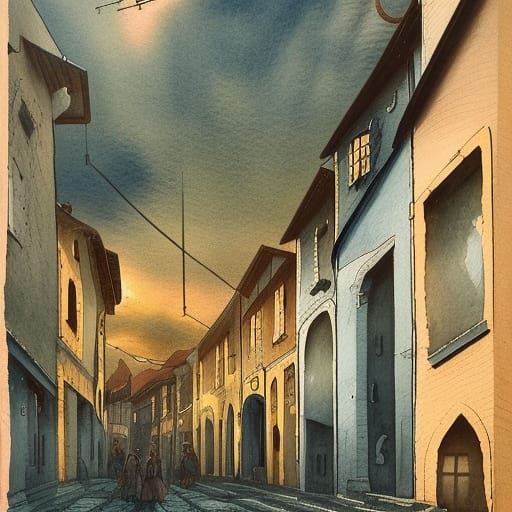 Eternal Twilight Town: Gouache Watercolor Art