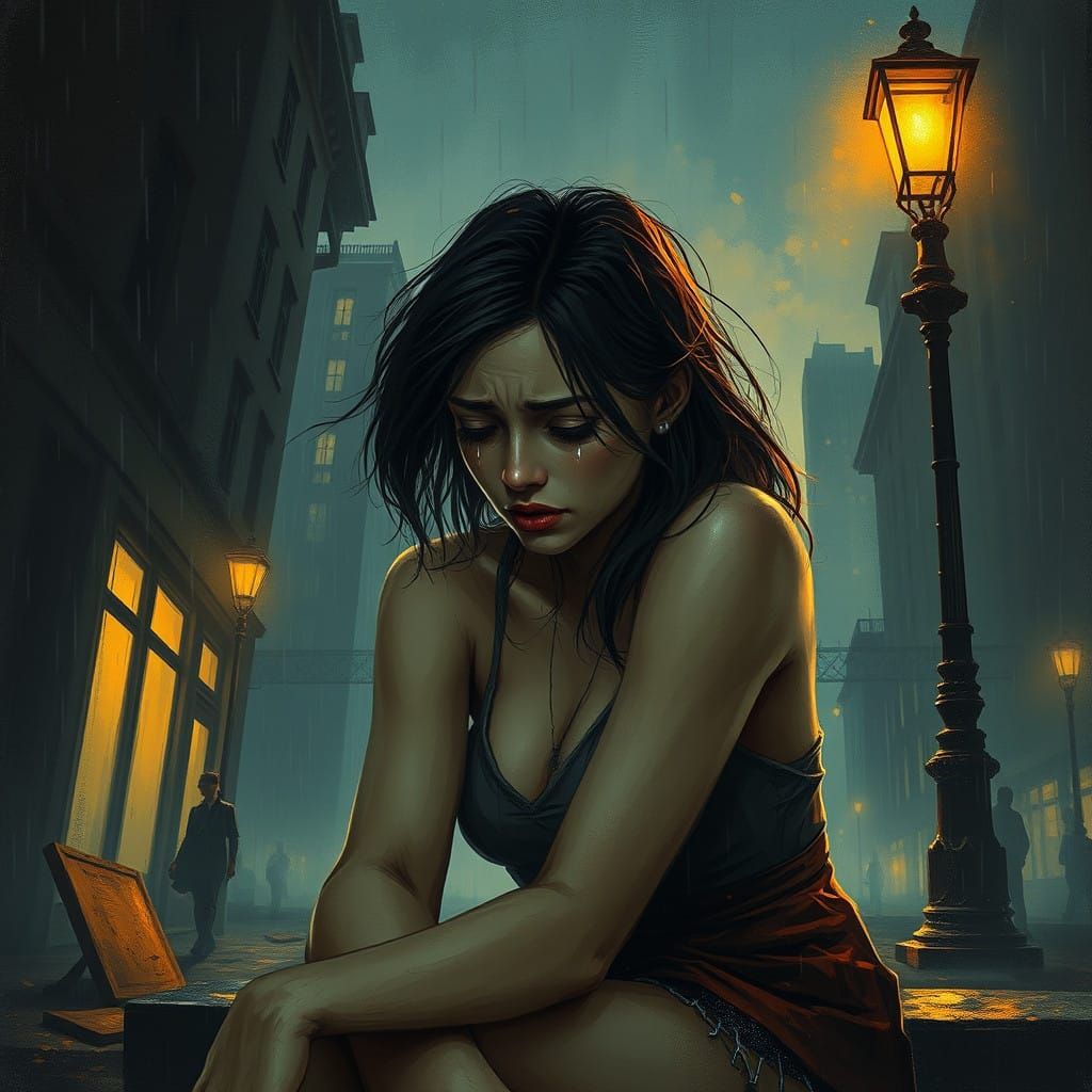 A Melancholic Woman Lost in Rainy City Reflections