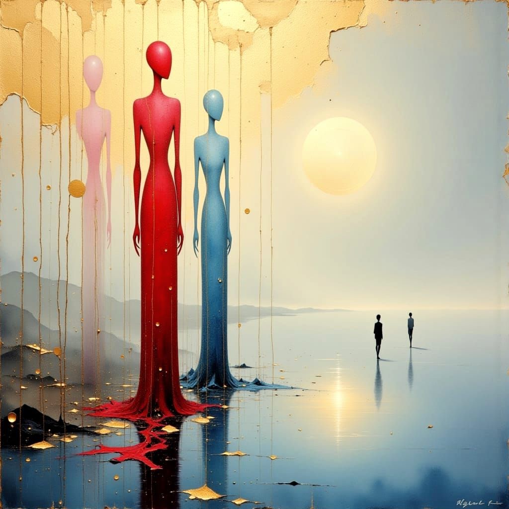 Surrealist Oil Painting of Abstract Women by a Dripping Lake