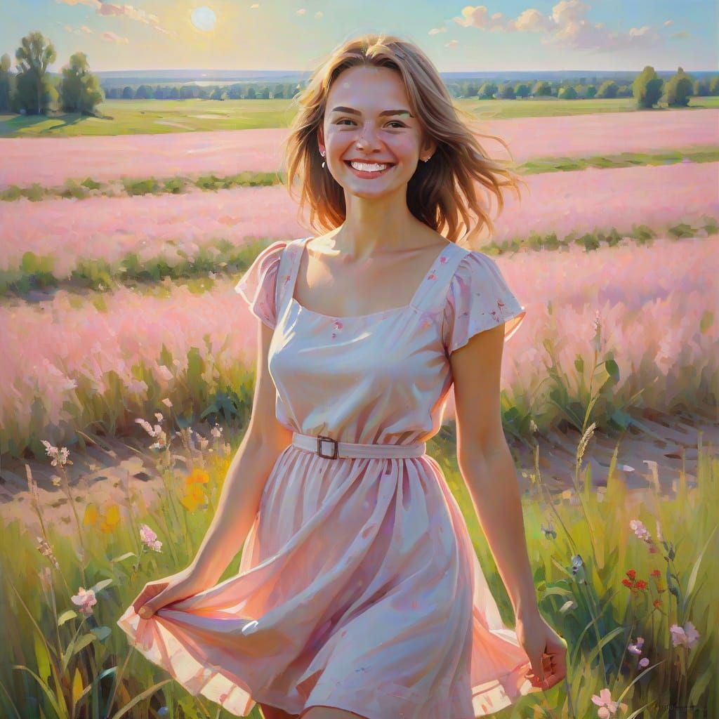 Smiling Russian Woman in Field, Impressionist Oil Painting