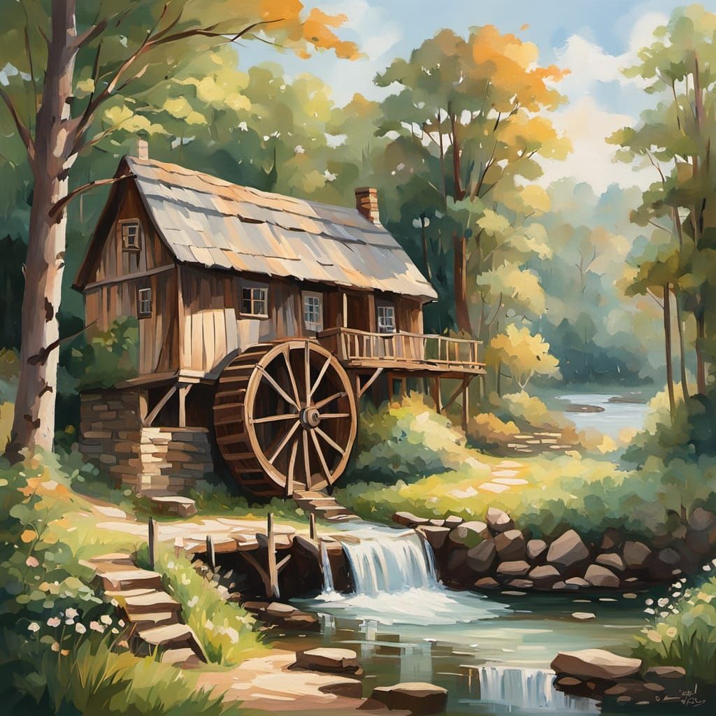 Rustic Waterwheel in Serene Woodland Setting