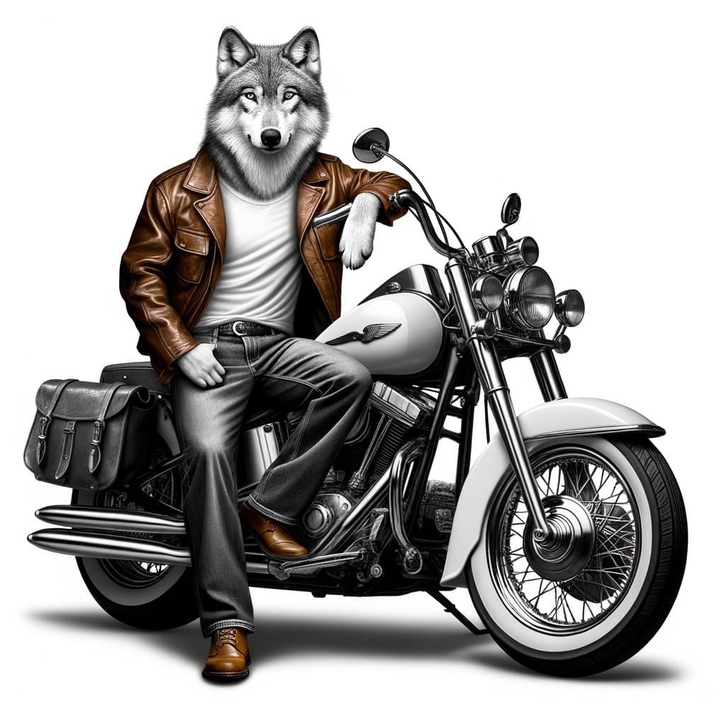 Cool Wolf Leaning on Motorcycle in Human Clothes