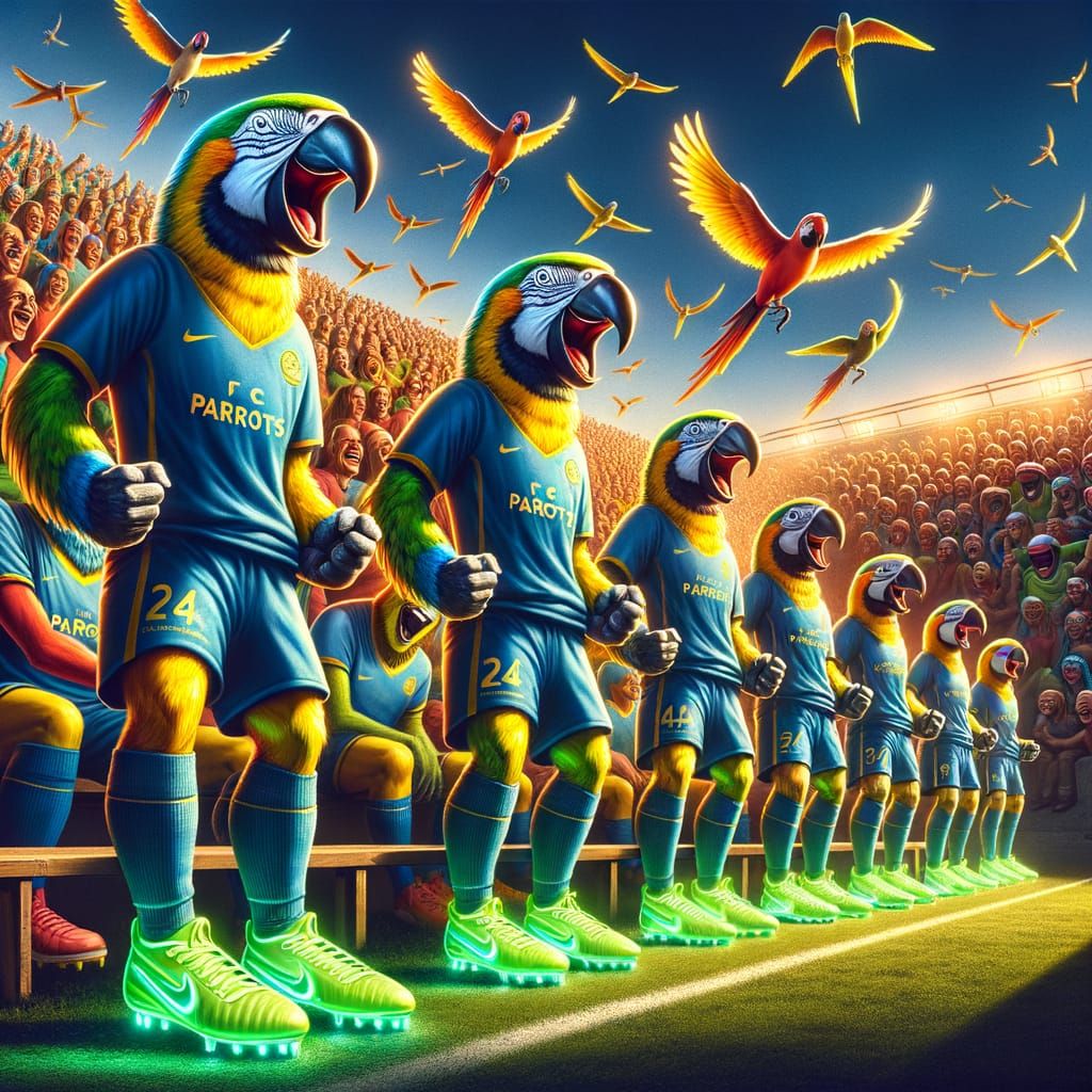 Anthropomorphic Parrots Play Football in Heatwave