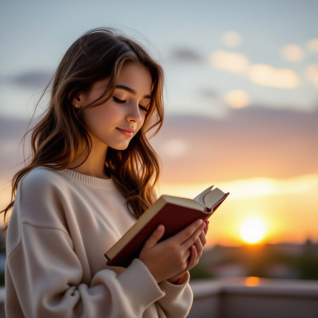 Teenage Girl Praying on Rooftop at Sunset with Bible