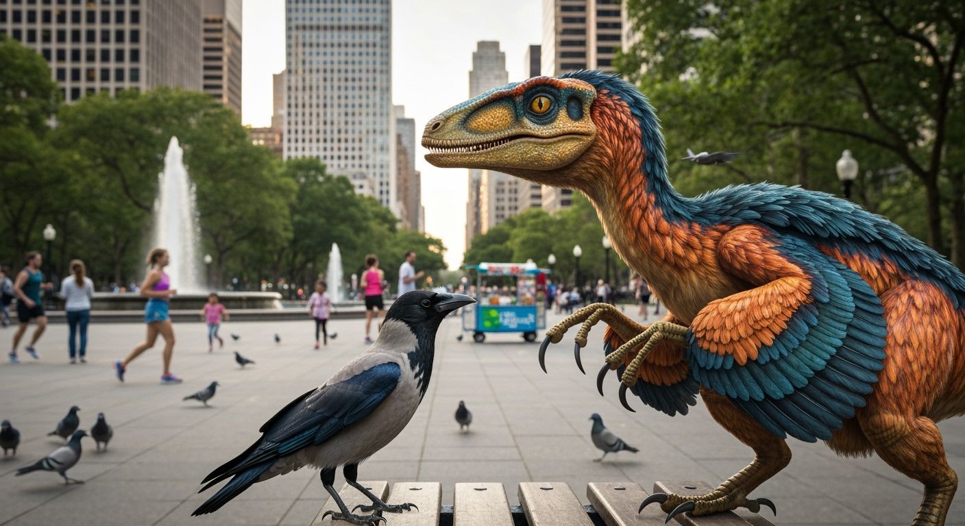 Dinosaur and Crow in City Park: Hyperrealistic Contrast