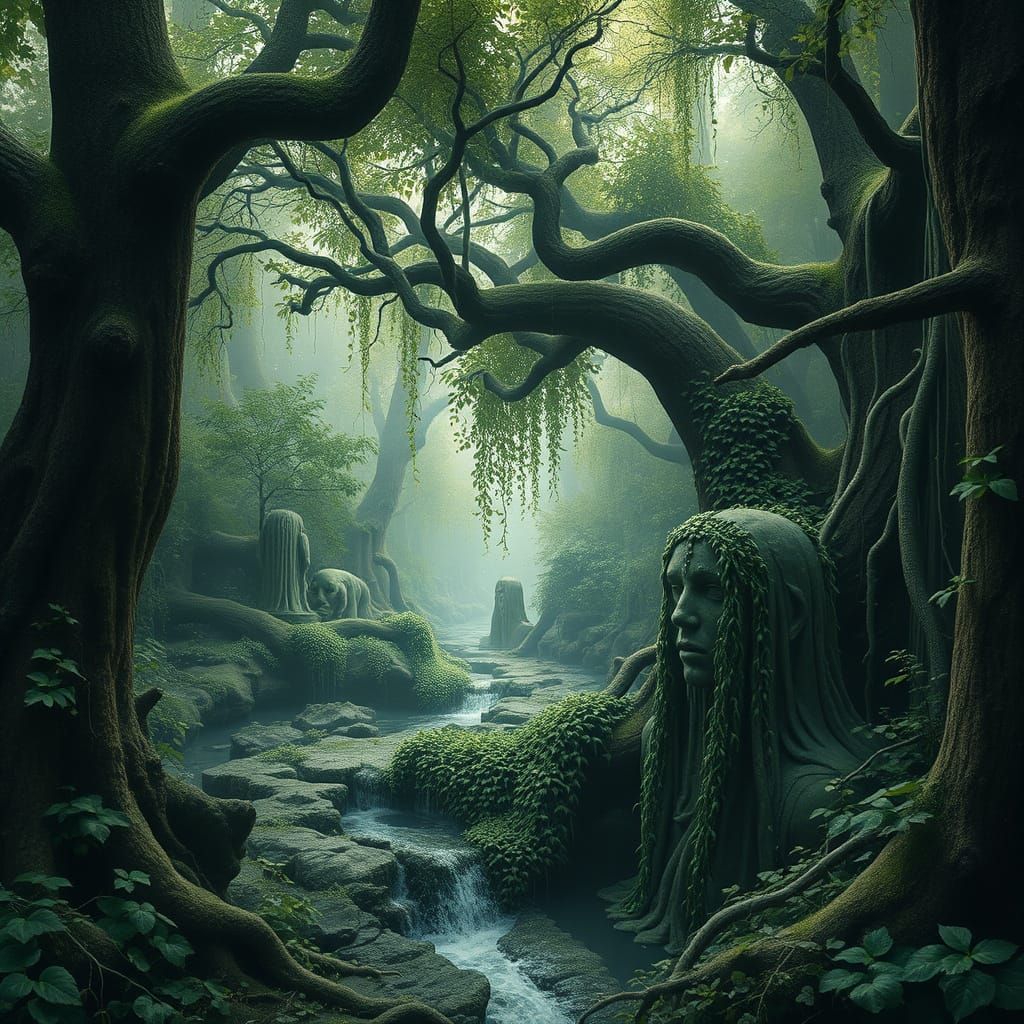 Mystical Sunken Garden with Weeping Statues