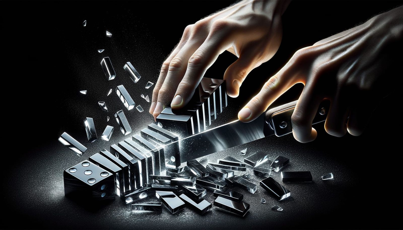 Hands Slice Black Domino in Half