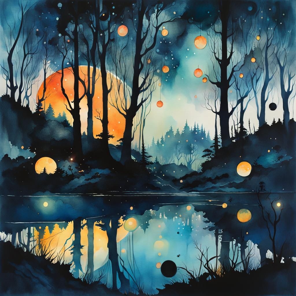 Dark Fantasy Landscape with Watercolor Textures