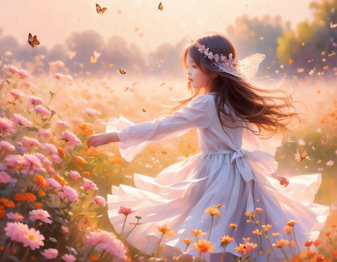 A Whimsical Impressionist Scene of a Little Girl in a Field ...