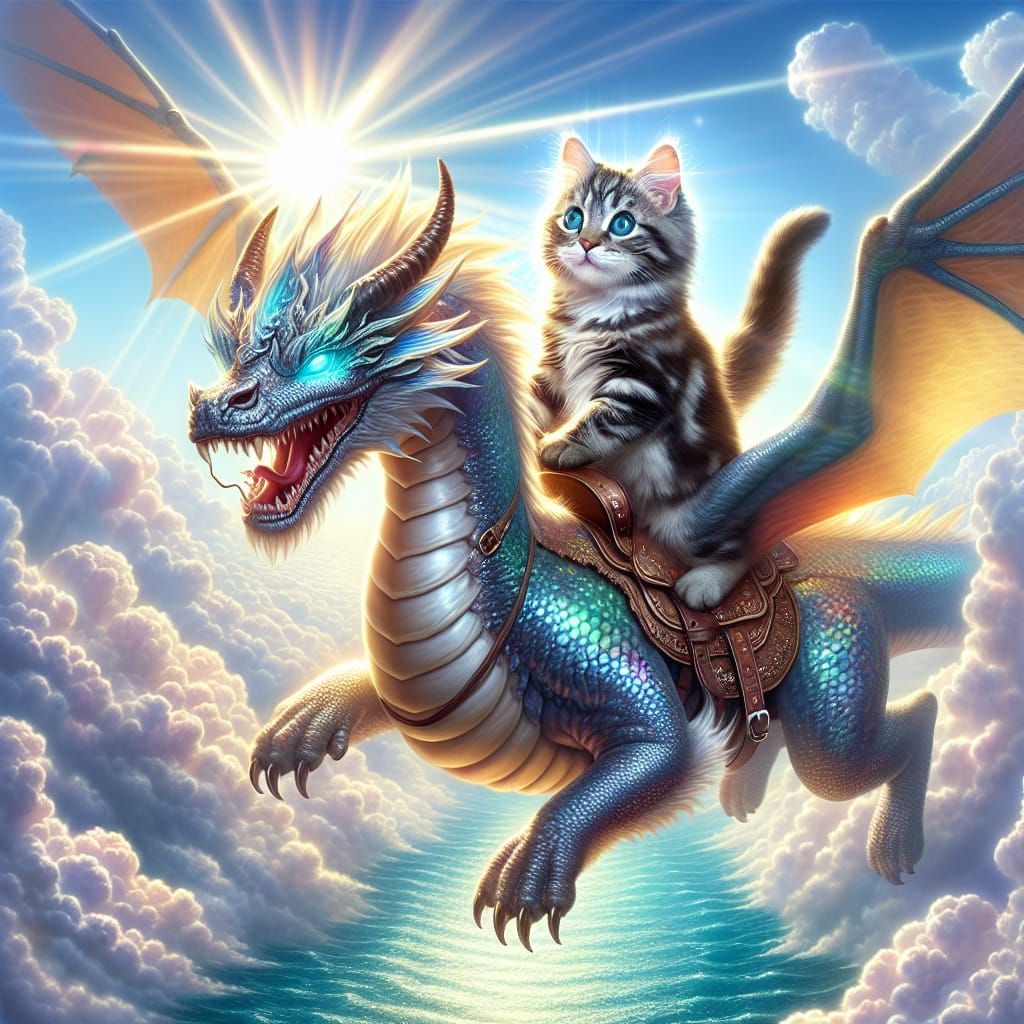 Cat Riding Dragon Soaring Over Azure Sea