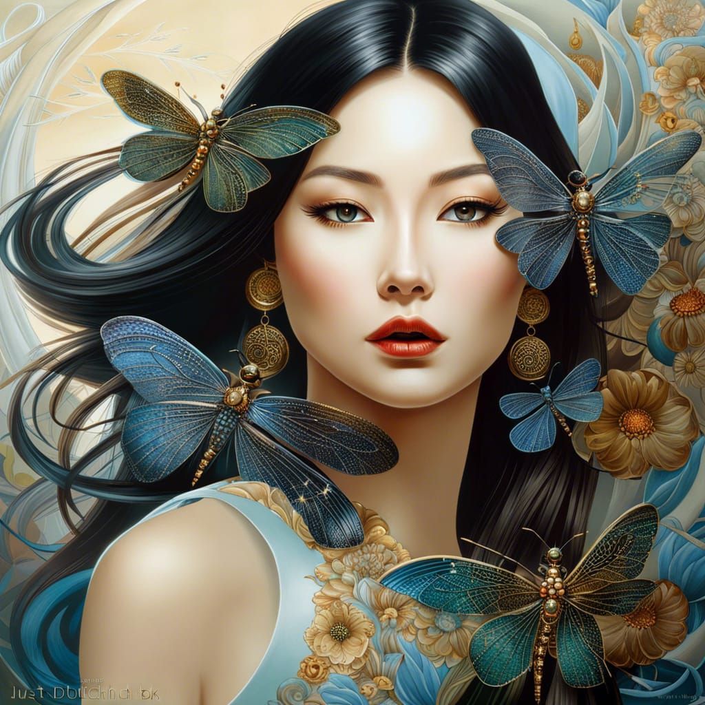 Chinese Woman with Dragonflies, Surreal Digital Art
