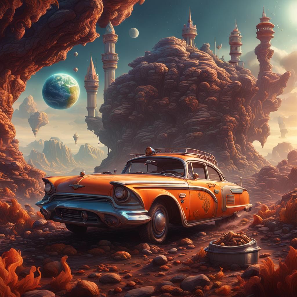 Fantastical Car Scene with Planet in Detailed Painting