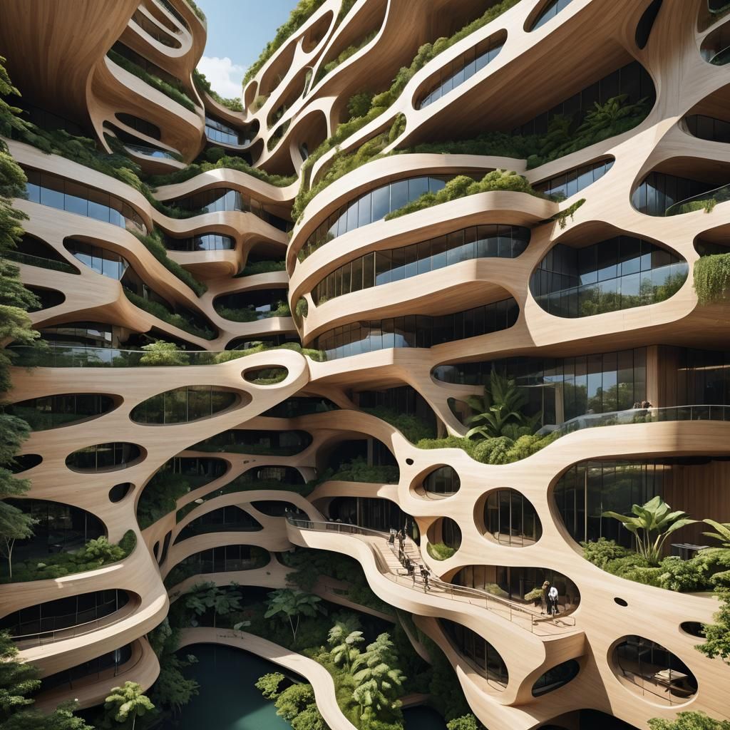 Futuristic Floating Wooden Building with Lush Greenery