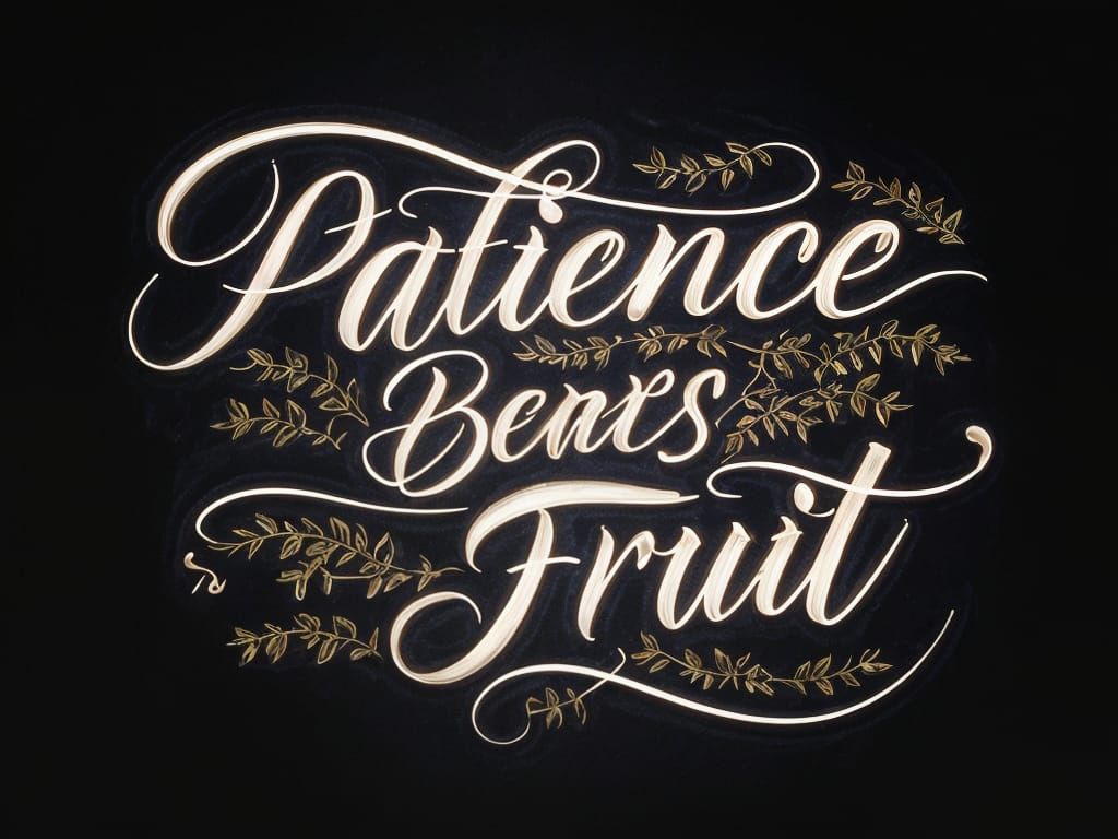 ✍️Write (("Patience Bears Fruit" in ethereal, vine-like tendrils of ultra-cursive) ("Tr" in smaller signature script dan...