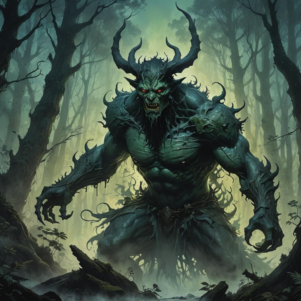 Imposing Demon in Misty Forest: Dark Fantasy Splash Art