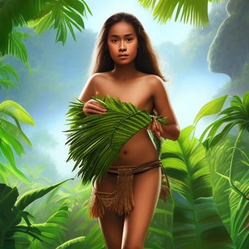 Polynesian Girl Collecting Flowers in Jungle, Detailed Paint...