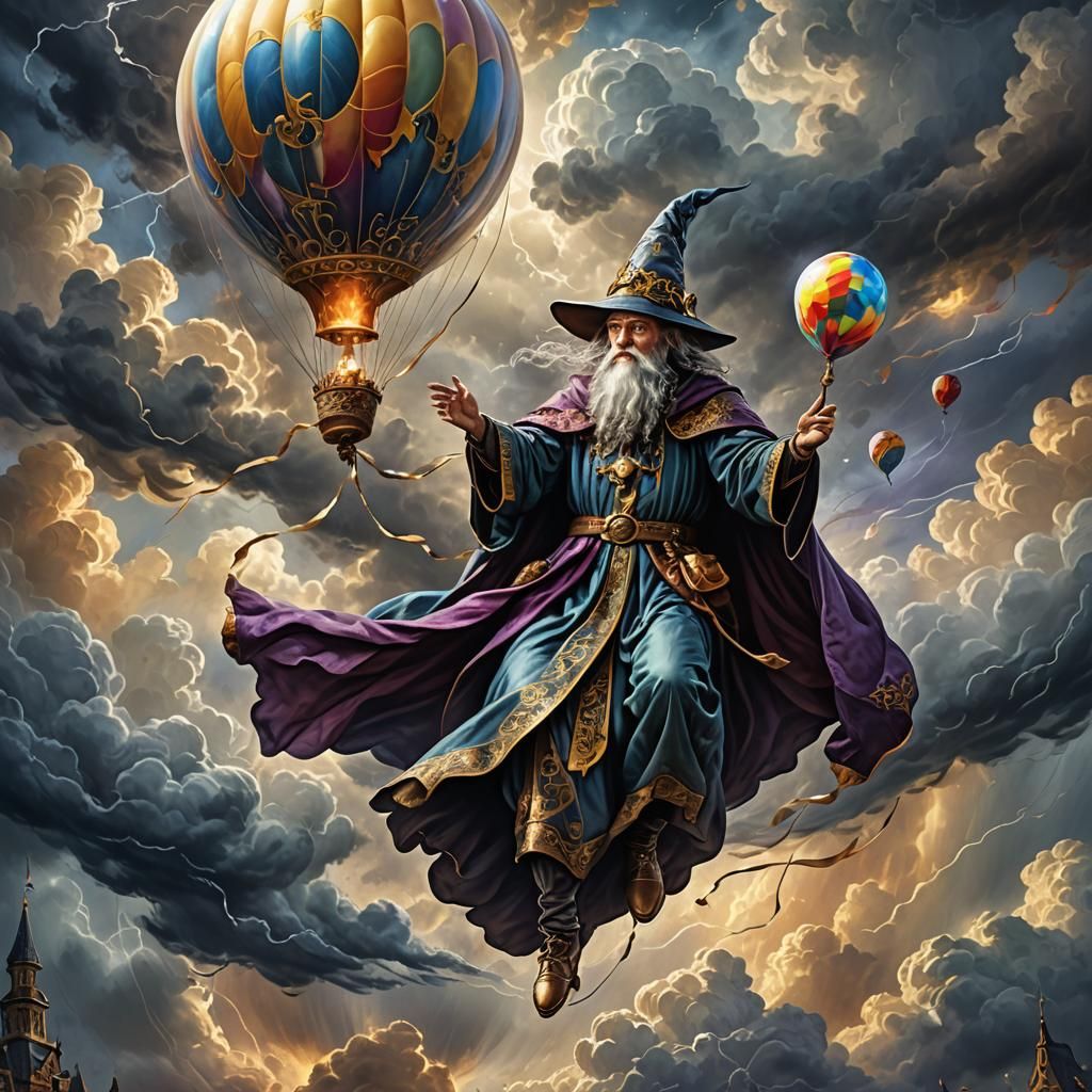 Wizard Rides Magic Balloon Through Stormy Sky