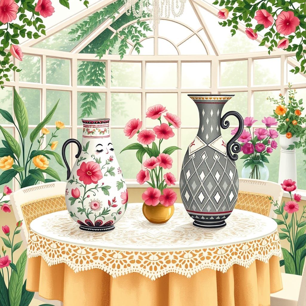 Whimsical Vases in a Sunlit Conservatory