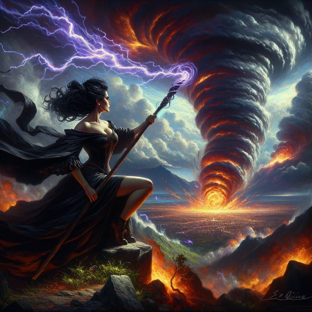Hispanic Sorceress Commands Fire Tornado