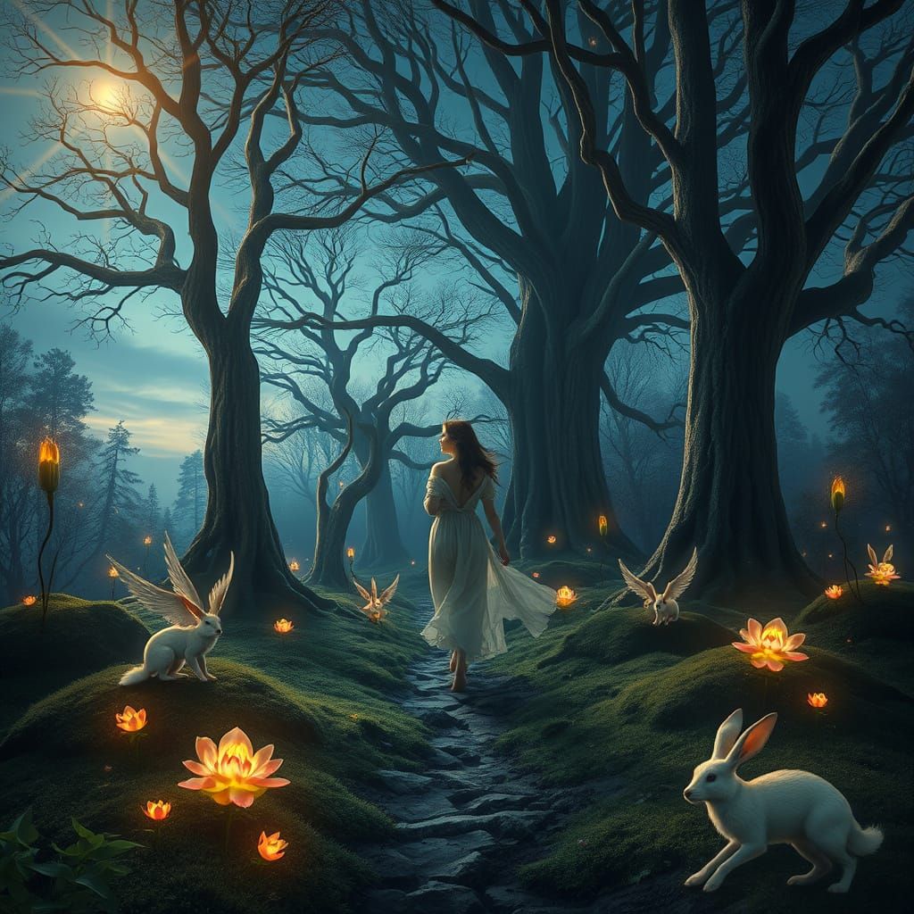 Surreal Enchanted Forest at Twilight in Whimsical Style