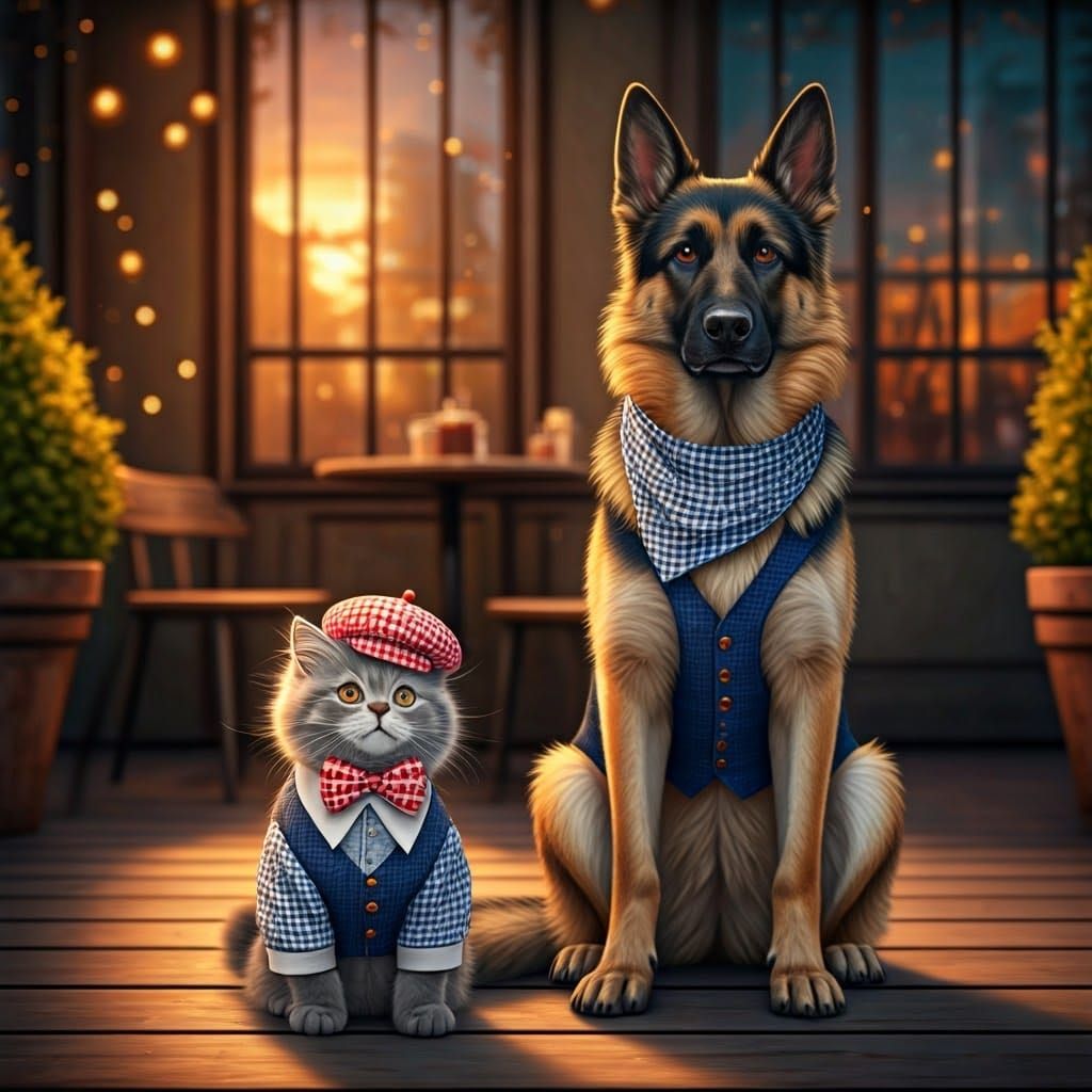 Fashionable Feline and Canine Duo Pose in Gingham